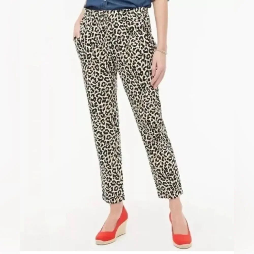 J. Crew Leopard Print Linen Blend Cuffed Ankle Pants Joggers Sz 8